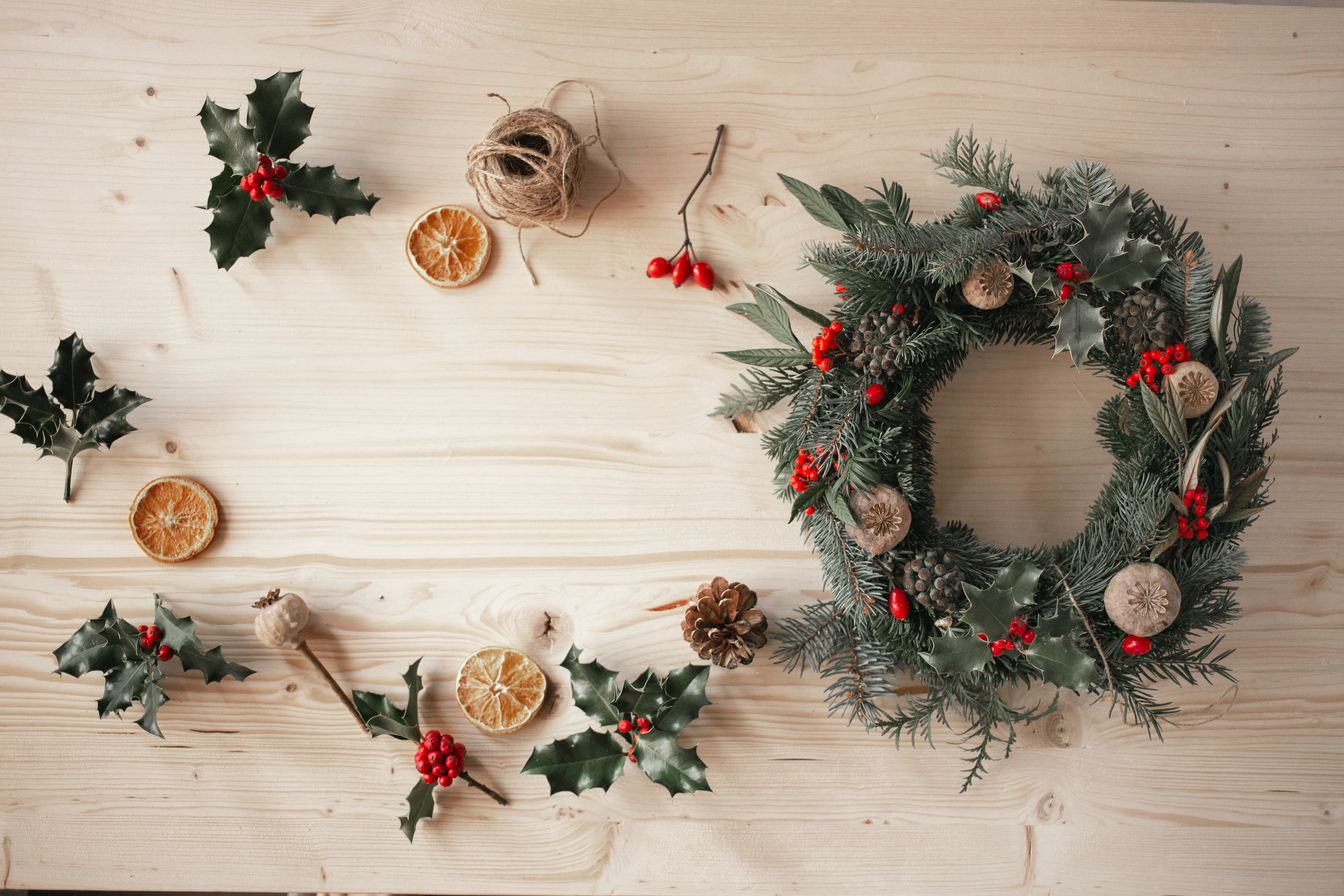 Flat lay Christmas wreath